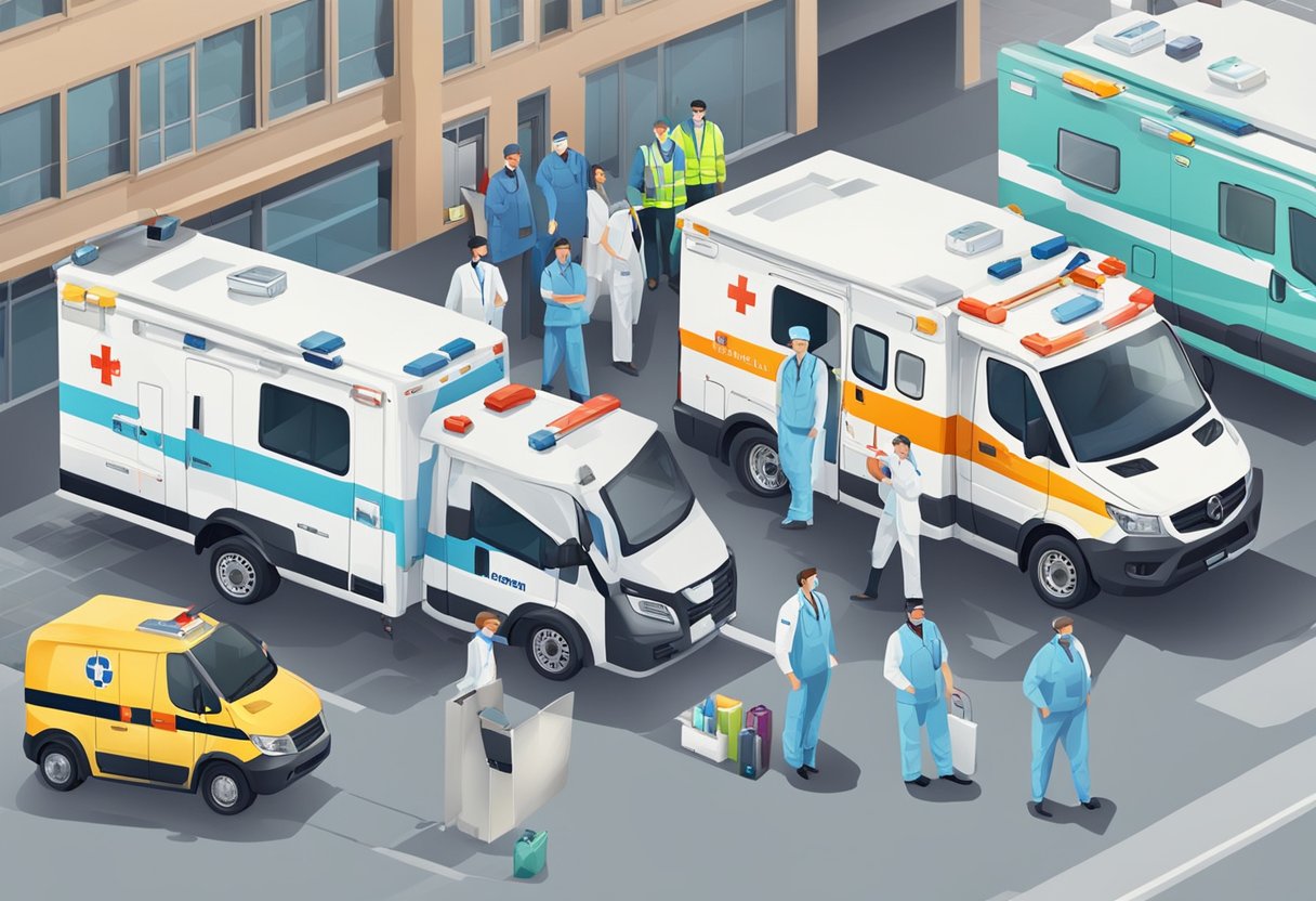 Uma equipe de profissionais de saúde está ao lado de ambulâncias, com equipamentos e suprimentos médicos visíveis dentro dos veículos.