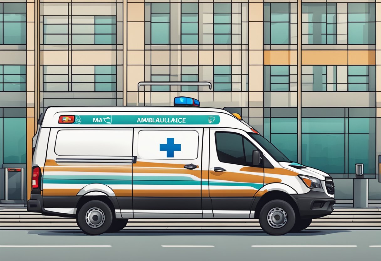 Uma ambulância particular estacionada do lado de fora de um hospital, com foco no logo do veículo e no custo exibido na lateral.