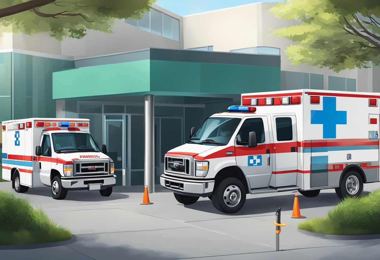 Uma ambulância estacionada do lado de fora de uma unidade médica, com paramédicos carregando equipamentos e se preparando para uma operação de serviço.