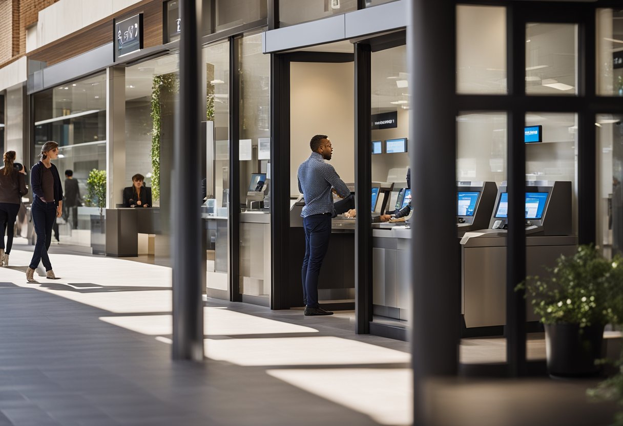 Uma agência bancária movimentada com clientes nos guichês, um caixa eletrônico e funcionários ajudando os clientes nas mesas.