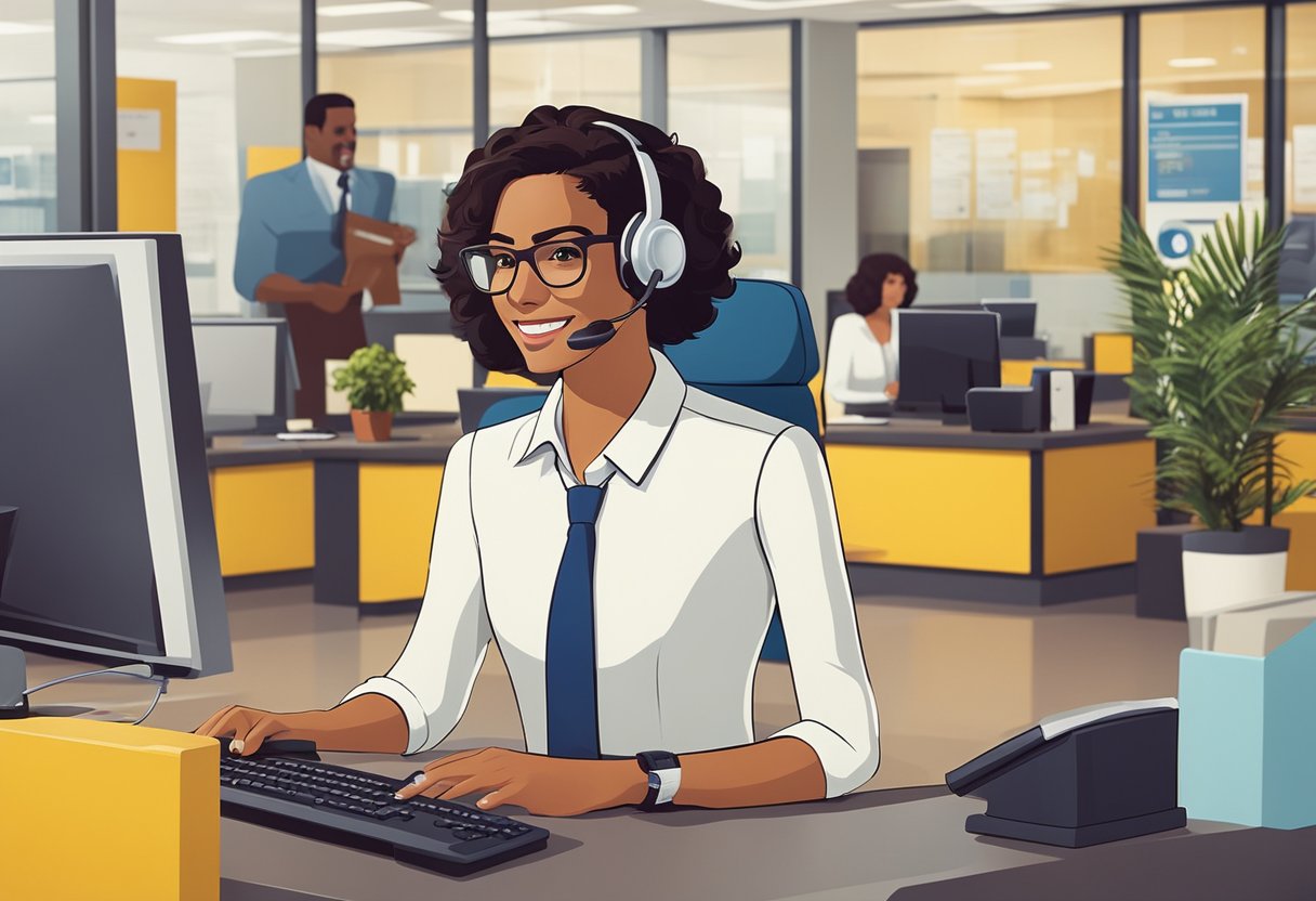 Um representante de atendimento ao cliente do Banco do Brasil assiste os clientes por meio de vários canais de comunicação, como telefone, e-mail e chat.