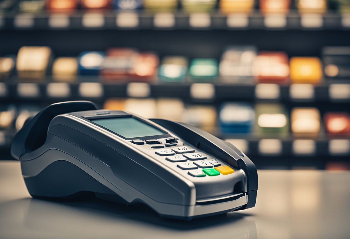 Uma máquina de cartão de crédito com um aviso de "menor taxa de parcelamento"