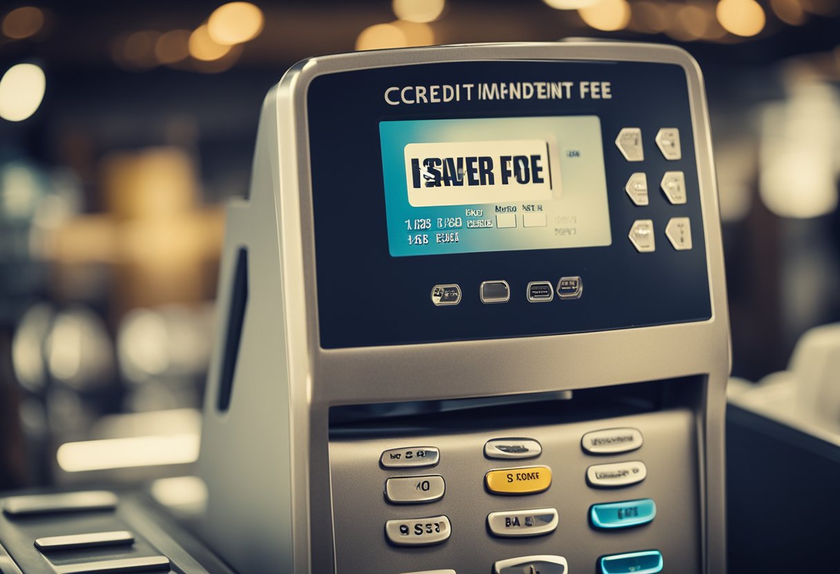 Uma máquina de cartão de crédito se destaca com um sinal de "menor taxa de parcelamento", rodeada por outras máquinas.