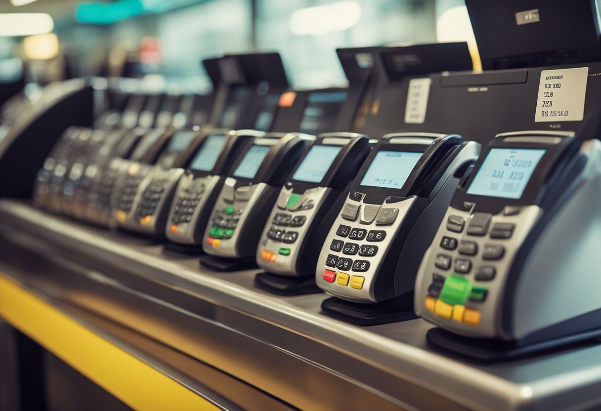 Uma fileira de máquinas de cartão de crédito, com uma máquina rotulada como "máquina de cartão" exibindo a menor taxa percentual para pagamentos parcelados.