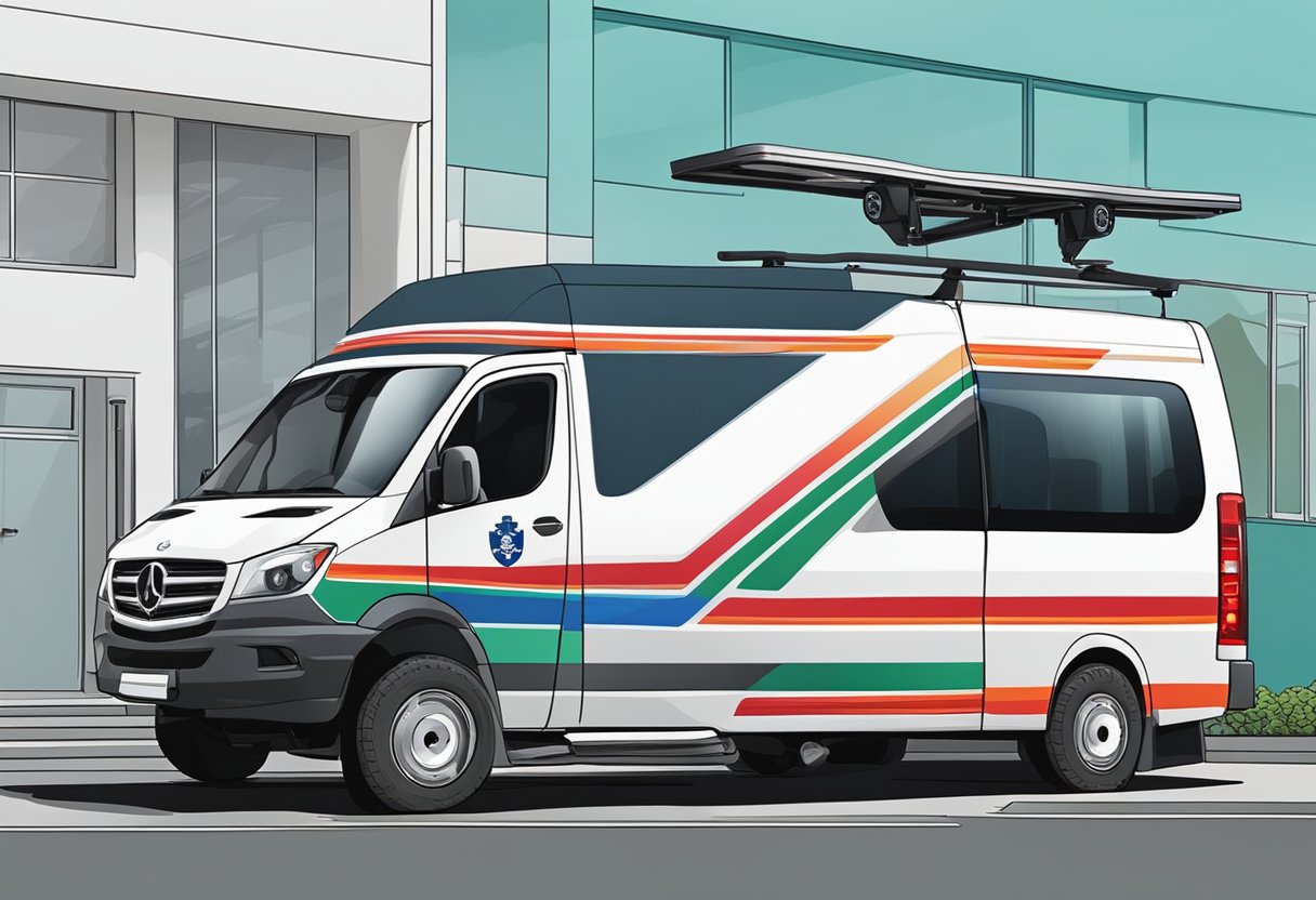 Um veículo modificado com elevador para cadeira de rodas e insígnia médica transporta pacientes para consultas.