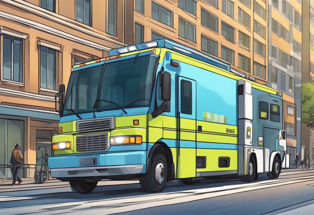 Um veículo de transporte médico avança pelas ruas da cidade, sirenes tocando, enquanto transporta um paciente para um hospital para atendimento de urgência.