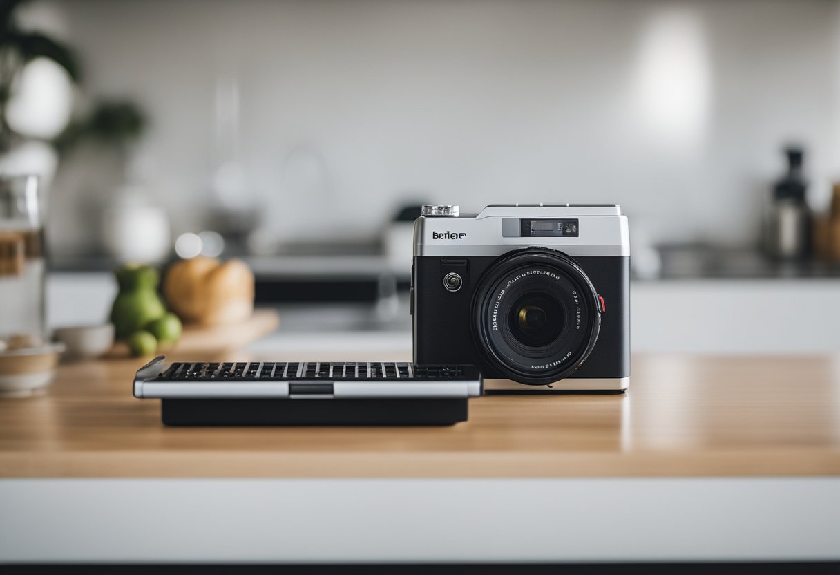 Uma moderna e elegante Maquininha do Banco Inter está sobre um balcão limpo e branco, pronta para uso.