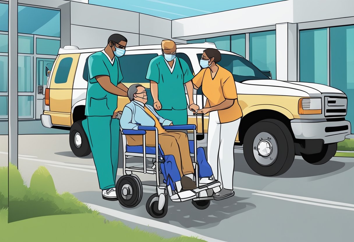 Um paciente sendo escoltado de um veículo para uma instalação médica para uma consulta agendada