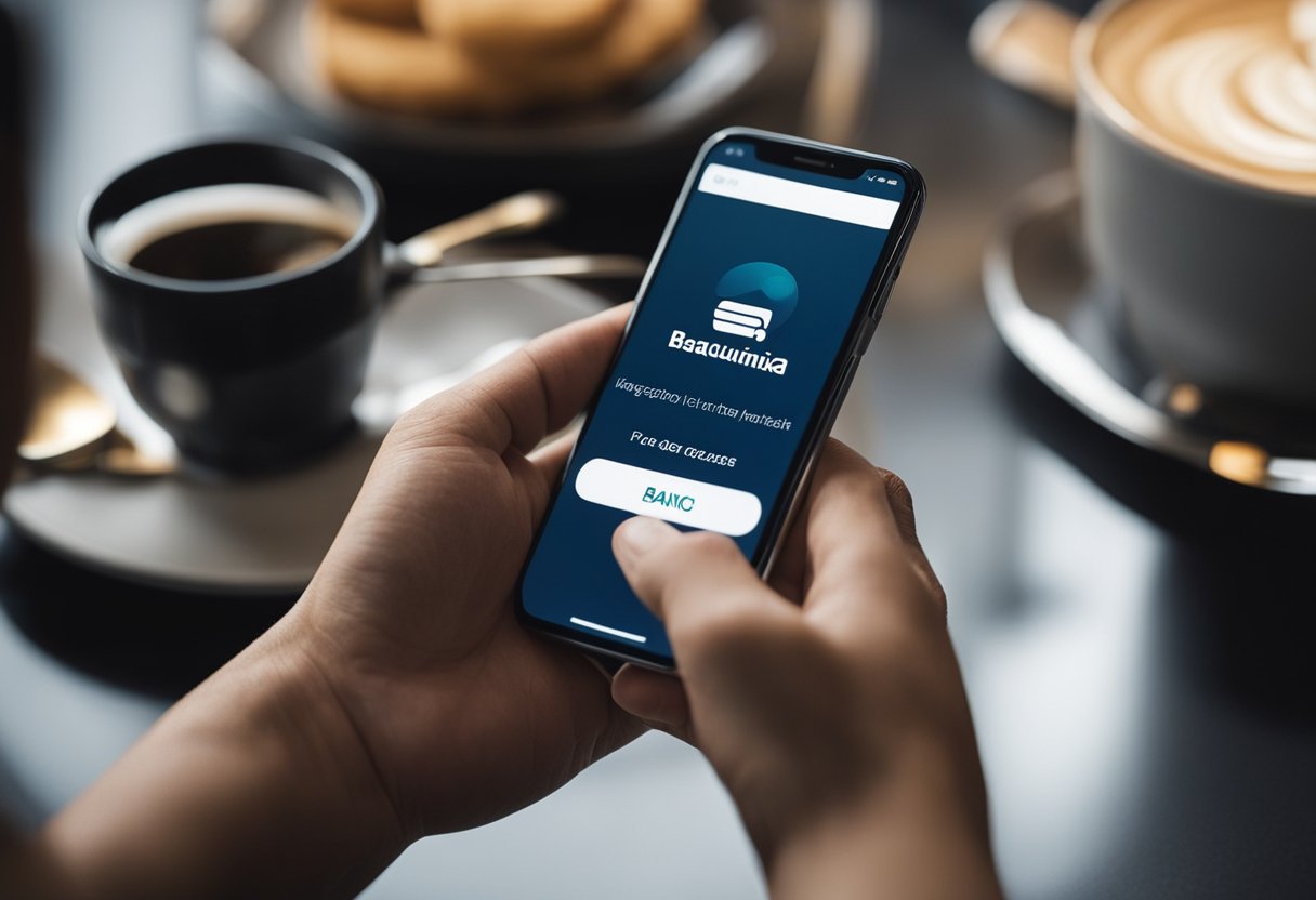 Uma pessoa usando um smartphone para acessar o aplicativo do Banco Inter e selecionando a opção de solicitar uma maquininha