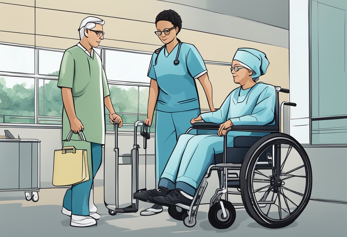 Um profissional de saúde ajuda um paciente a entrar em uma cadeira de rodas, enquanto outro membro da equipe garante a segurança do paciente durante o transporte para uma consulta médica.