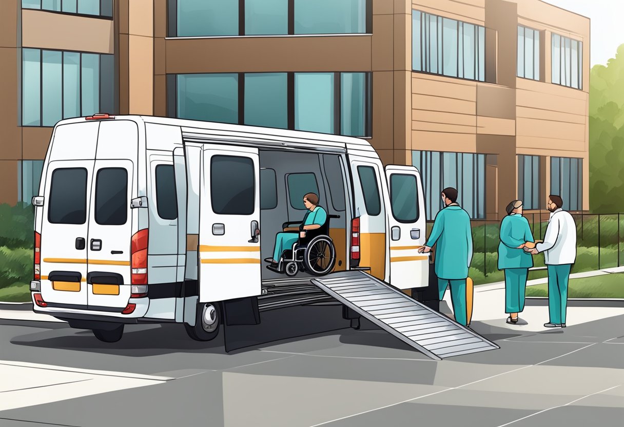 Uma van de transporte médico estacionada do lado de fora de uma clínica, com uma rampa para cadeira de rodas estendida e um motorista ajudando um paciente dentro.