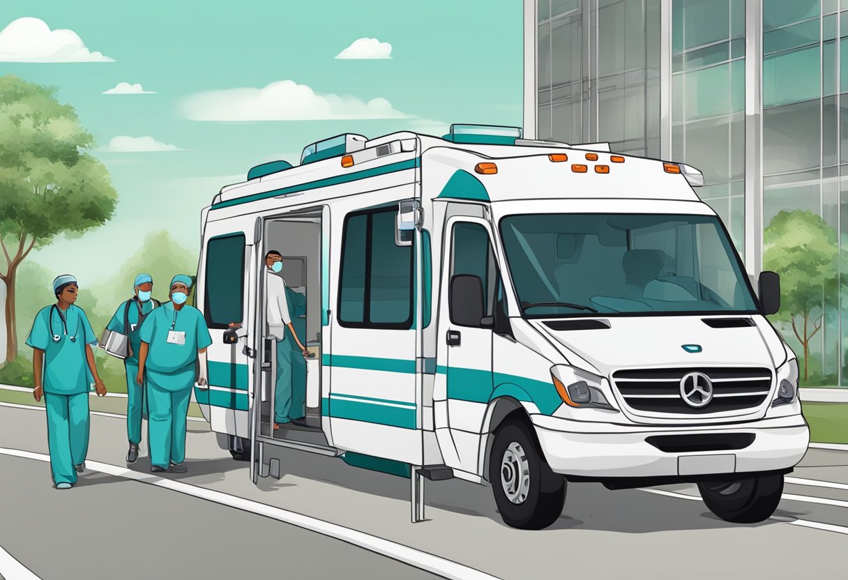 Um paciente sendo transportado com segurança em um veículo médico para uma unidade de saúde para uma consulta