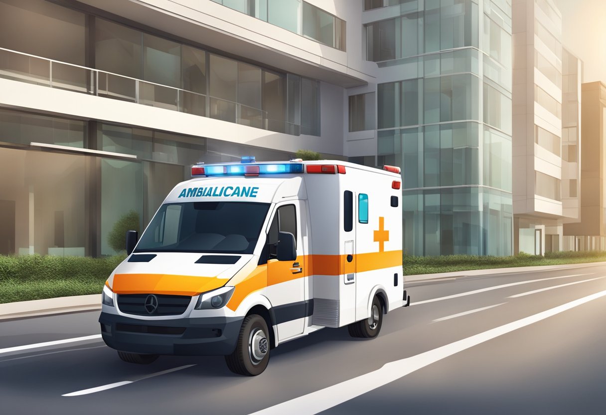 Uma ambulância moderna com equipamentos médicos avançados, dirigindo em uma estrada suave em direção a um hospital para consultas de pacientes.