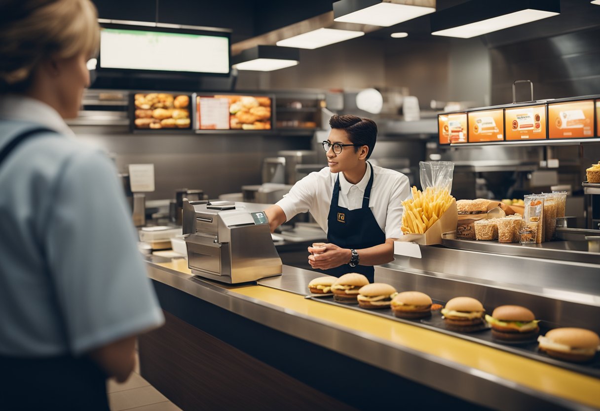 Um funcionário do McDonald's aceitando um voucher de comida no balcão