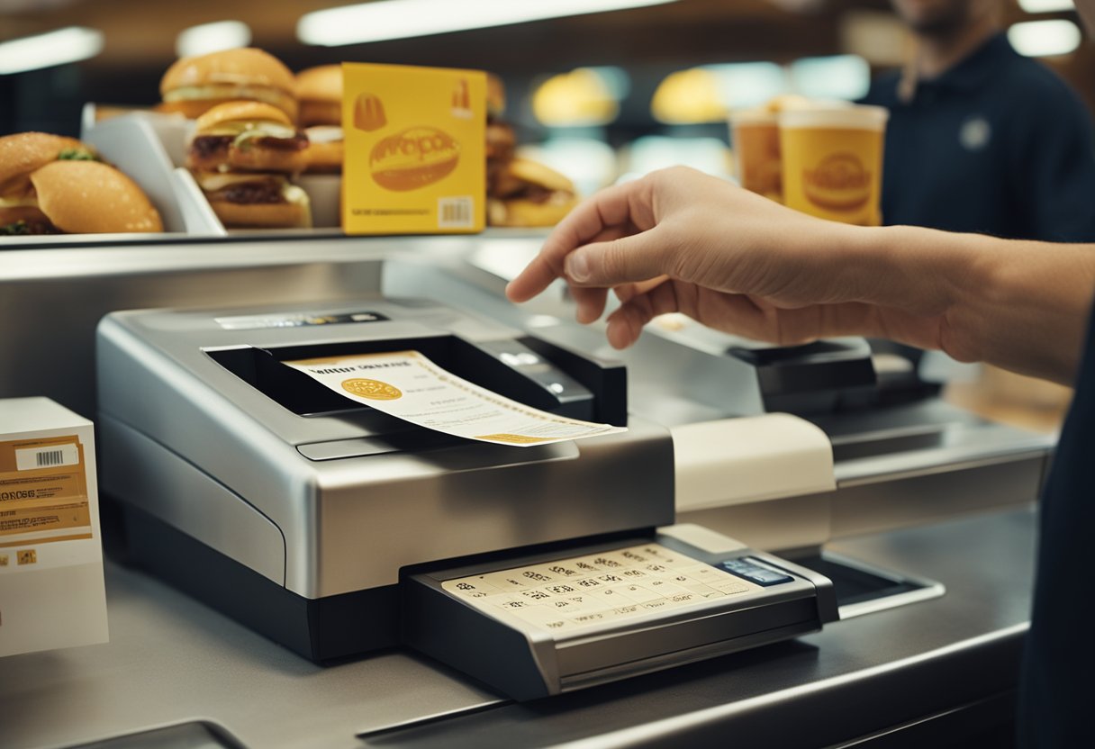 Uma pessoa passando um vale-refeição no caixa do McDonald's