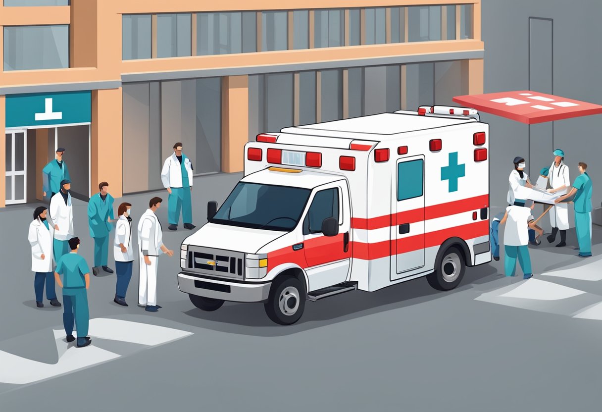 Uma ambulância com uma cruz vermelha do lado, estacionada em frente a um hospital, com uma equipe médica colocando um paciente em uma maca.
