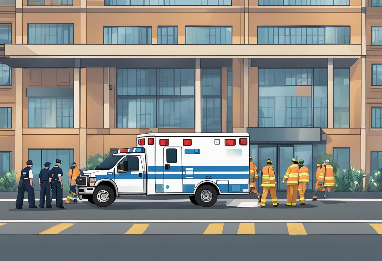 Uma ambulância estacionada do lado de fora de uma unidade médica, com suas luzes piscando e paramédicos atendendo a um paciente em uma maca.