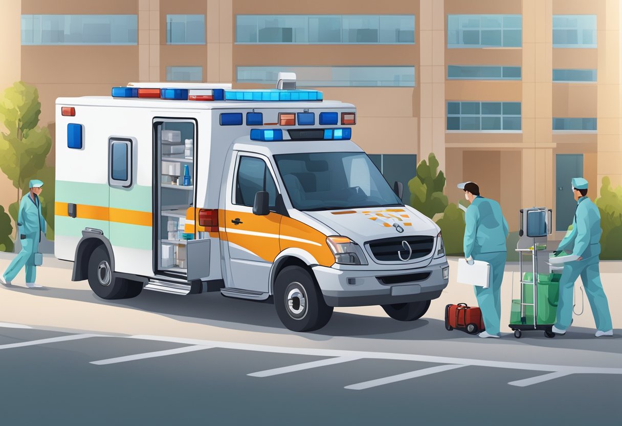 Uma ambulância totalmente equipada estacionada do lado de fora de um hospital, com paramédicos carregando suprimentos médicos no veículo.