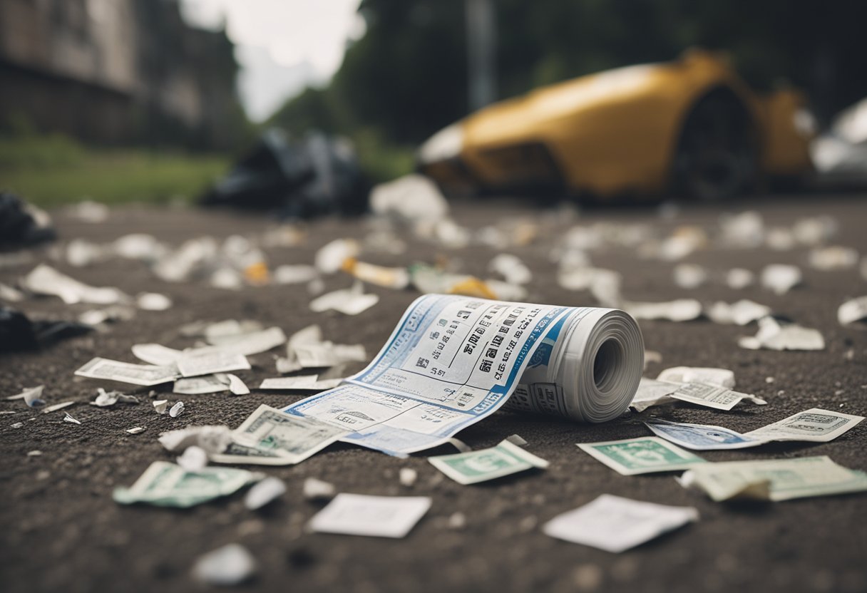 Um bilhete de loteria descartado está no chão, cercado por papéis amassados e lixo. Uma pessoa desapontada se afasta ao fundo.