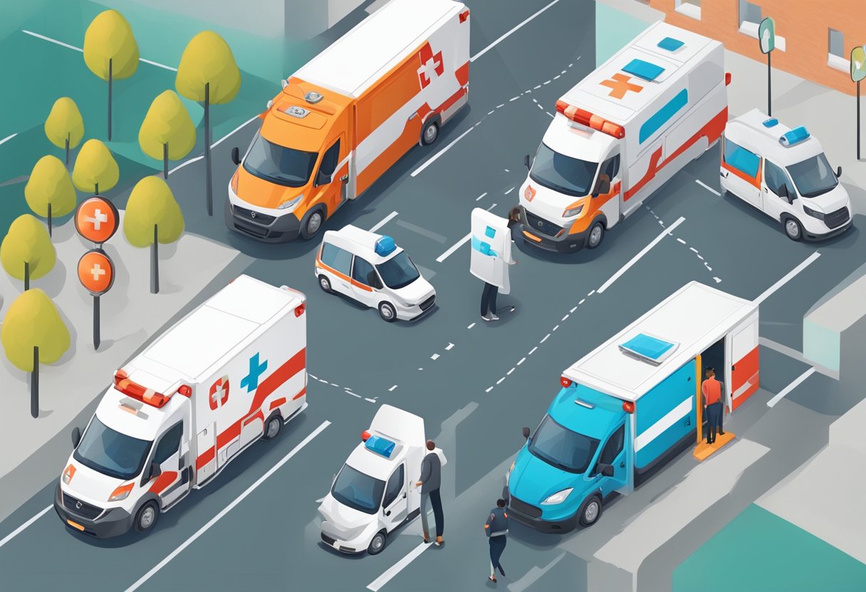 Uma rede de ambulâncias em várias localidades, com uma pessoa acessando o serviço através de um aplicativo móvel ou site.