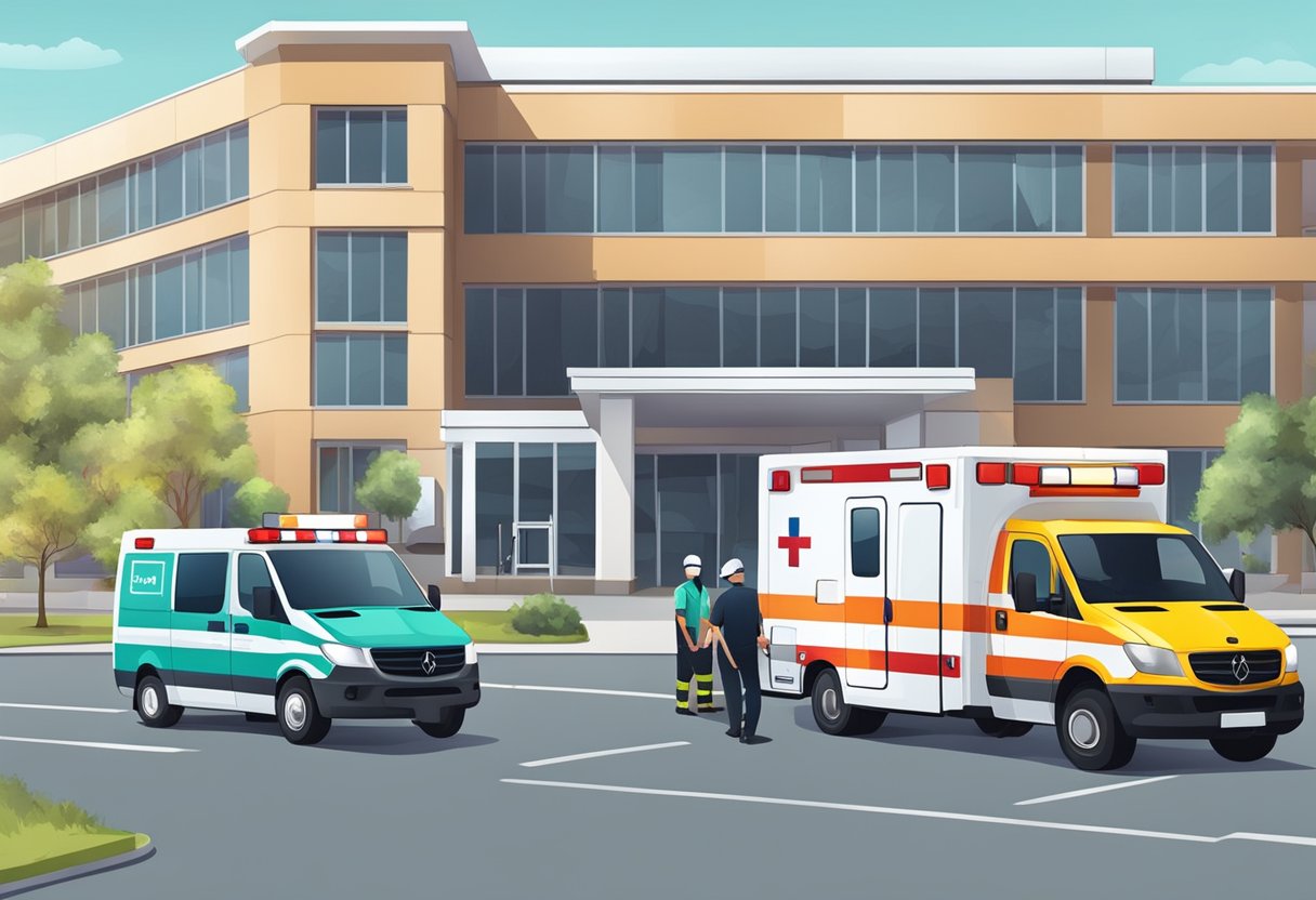 Uma ambulância estacionada do lado de fora de um hospital, com paramédicos carregando equipamentos médicos e uma maca.