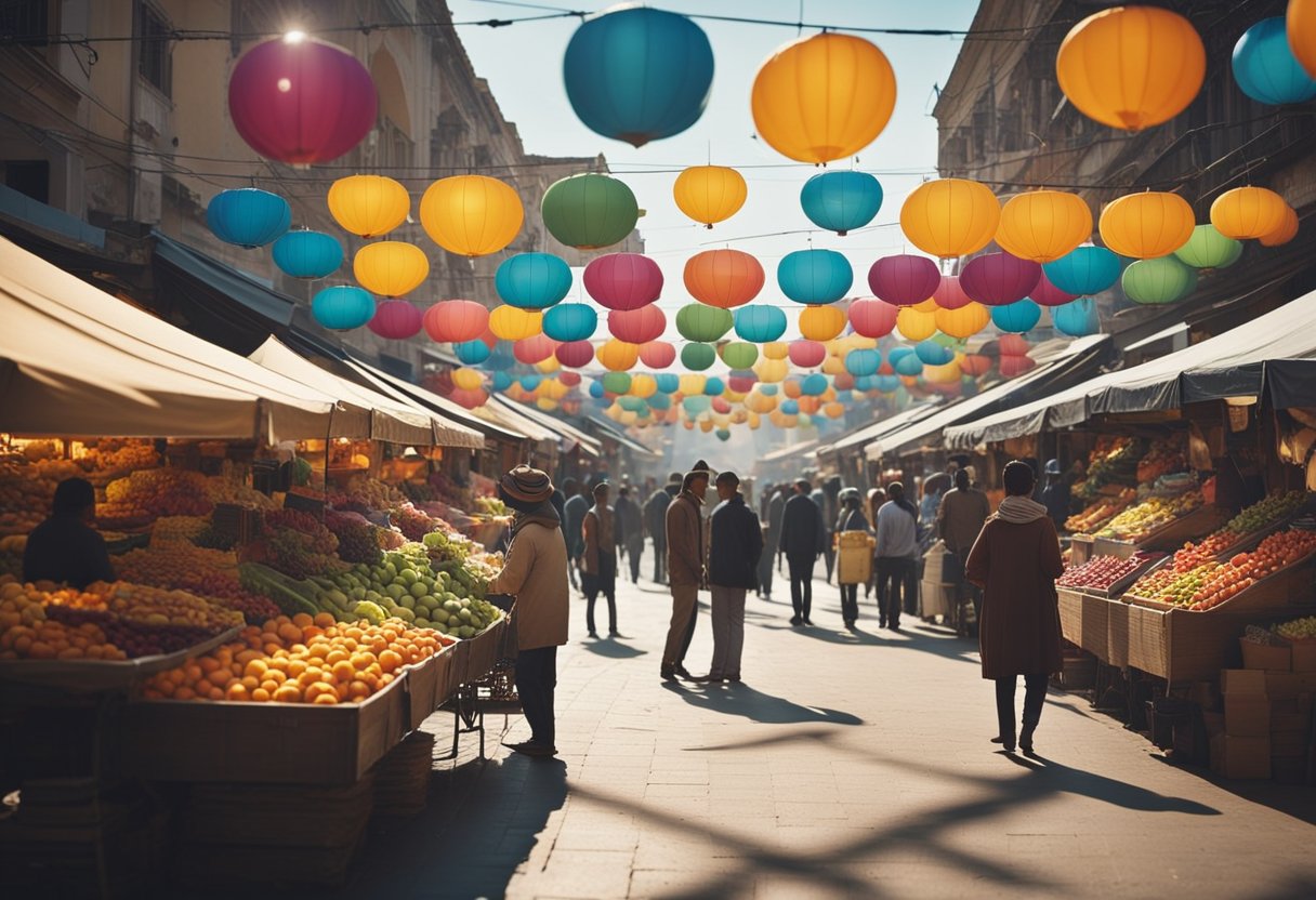 Um mercado movimentado com vendedores vendendo produtos e clientes negociando preços. A cena está cheia de produtos coloridos e conversas animadas.