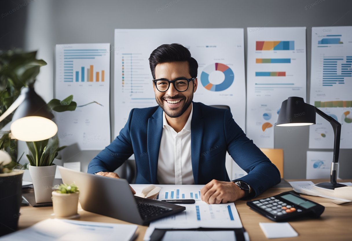 Um pequeno empresário feliz gerenciando as finanças, cercado por gráficos e tabelas, com uma calculadora e um laptop na mesa