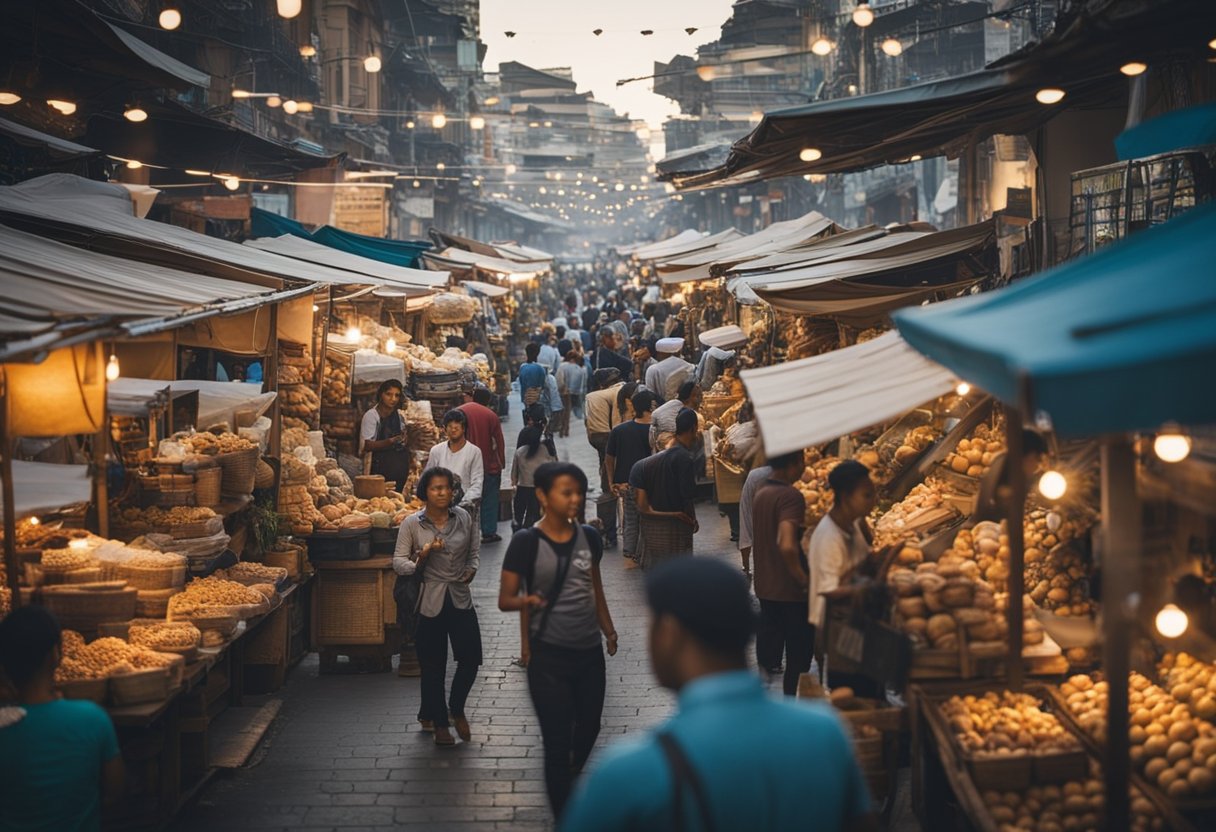 Um mercado movimentado com vários vendedores oferecendo produtos e serviços, com um foco claro em maximizar a receita de um MEI (Microempreendedor Individual) superando R$6.750.