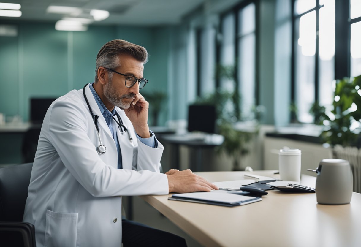 Um indivíduo sentado em um consultório médico, segurando a cabeça e parecendo visivelmente mal. O médico está ouvindo atentamente enquanto faz anotações.