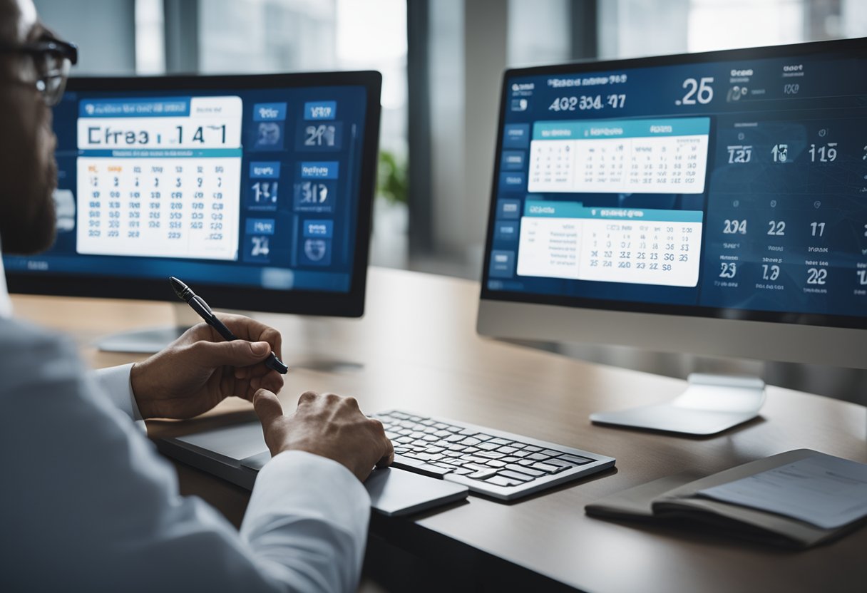Uma pessoa sentada em uma mesa com uma caneta na mão, olhando para uma tela de computador exibindo informações médicas. Um calendário na parede mostra a data atual.