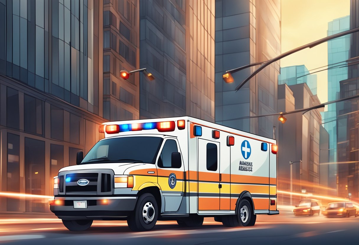 Uma ambulância acelerando pelas ruas da cidade com luzes piscando e sirenes soando