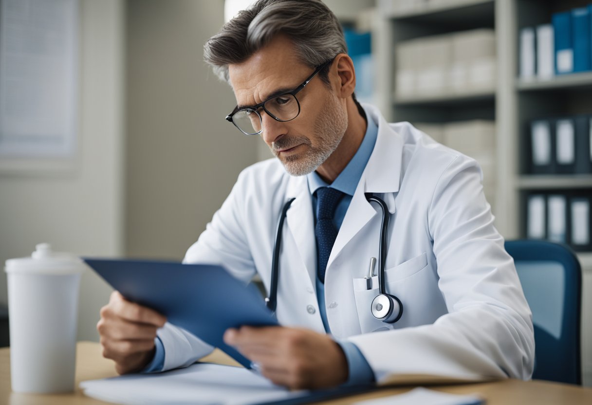 Uma pessoa sentada no consultório de um médico, com uma expressão preocupada, segurando a cabeça com desconforto. O médico está ouvindo atentamente e escrevendo uma nota em um bloco.