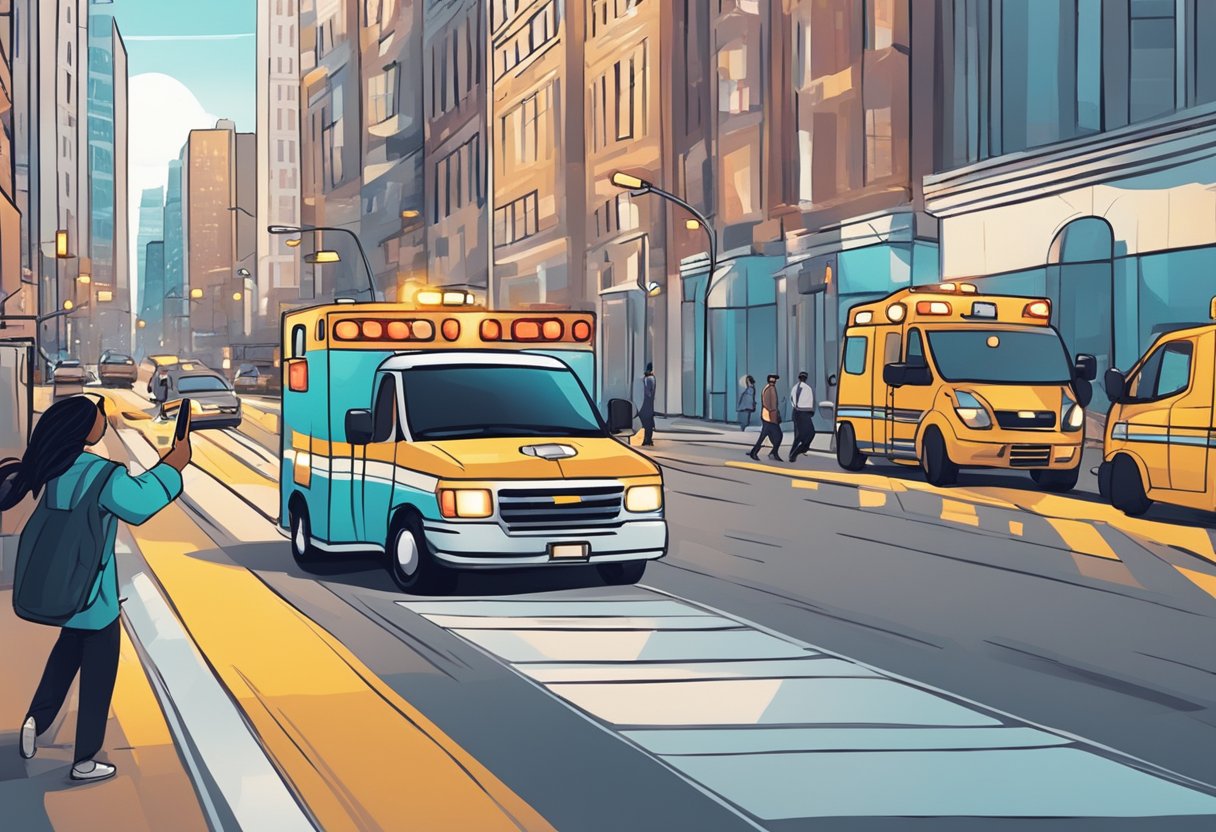 Uma pessoa discando um telefone com urgência, enquanto uma ambulância passa rapidamente por uma rua movimentada da cidade com luzes piscando e sirenes tocando.