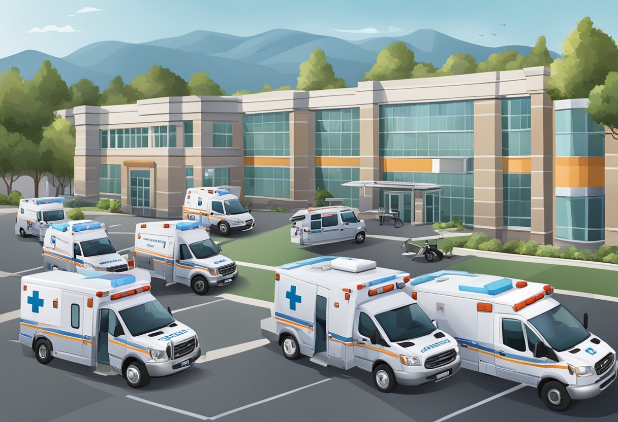 Uma frota de ambulâncias estacionadas do lado de fora de um hospital, cada uma com marcas e equipamentos únicos. Os veículos variam em tamanho e design, refletindo seus diferentes propósitos e capacidades.