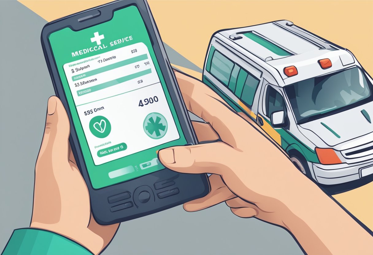 Uma pessoa alcançando um telefone com um símbolo médico, enquanto uma lista de preços para serviços de ambulância é exibida nas proximidades.