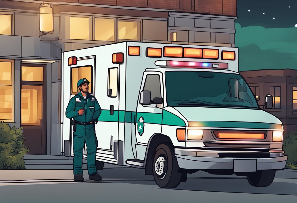 Uma ambulância estacionada do lado de fora de um prédio com suas luzes piscando, enquanto um paramédico está próximo, aguardando uma chamada.