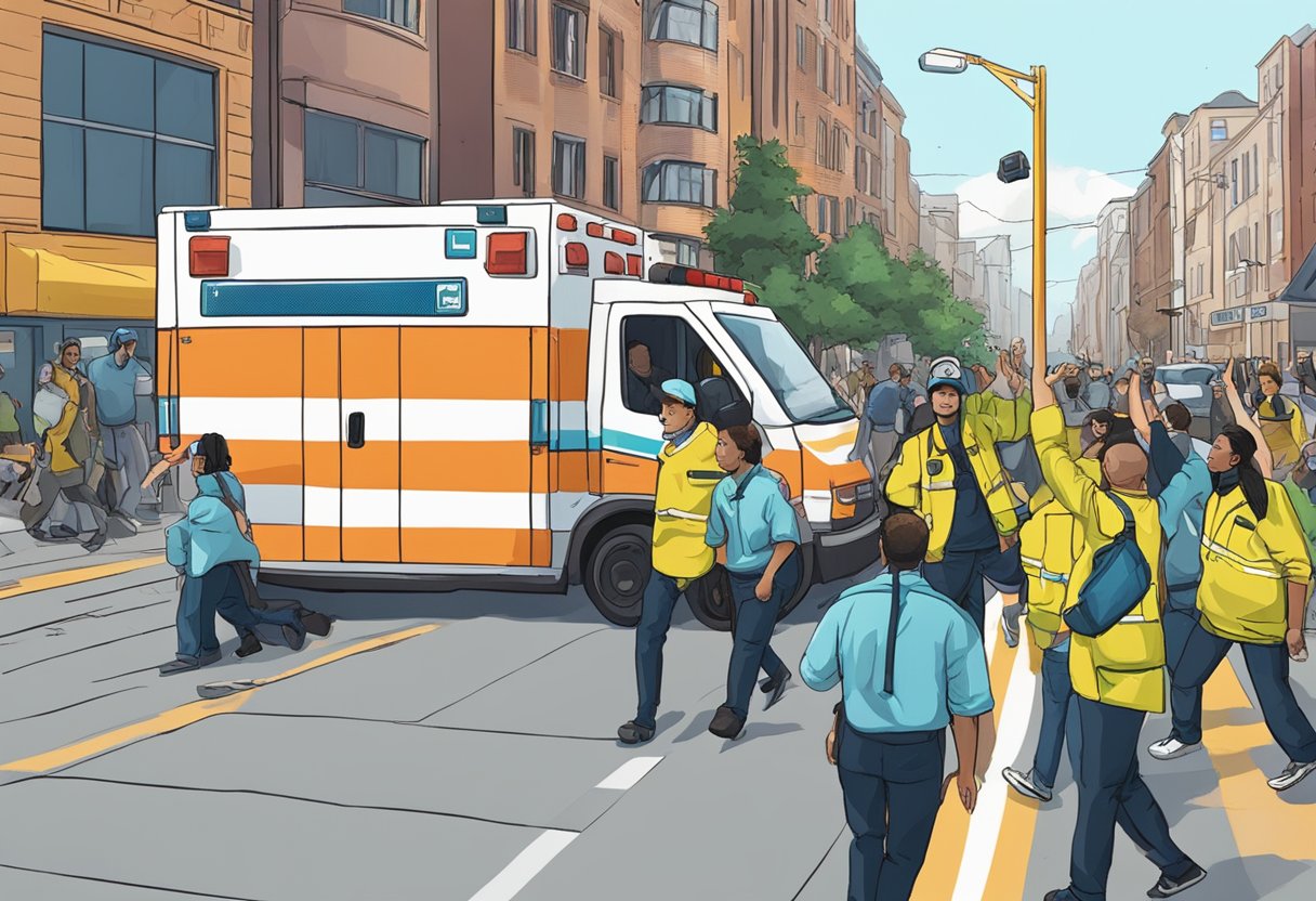 Uma pessoa acenando freneticamente para uma ambulância em uma esquina movimentada.