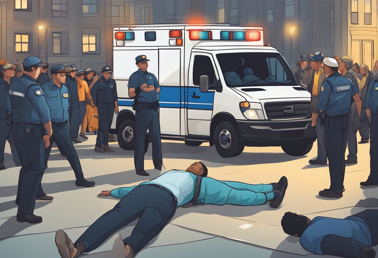 Uma pessoa deitada no chão, cercada por espectadores preocupados, enquanto uma ambulância chega com luzes piscando e sirenes tocando.