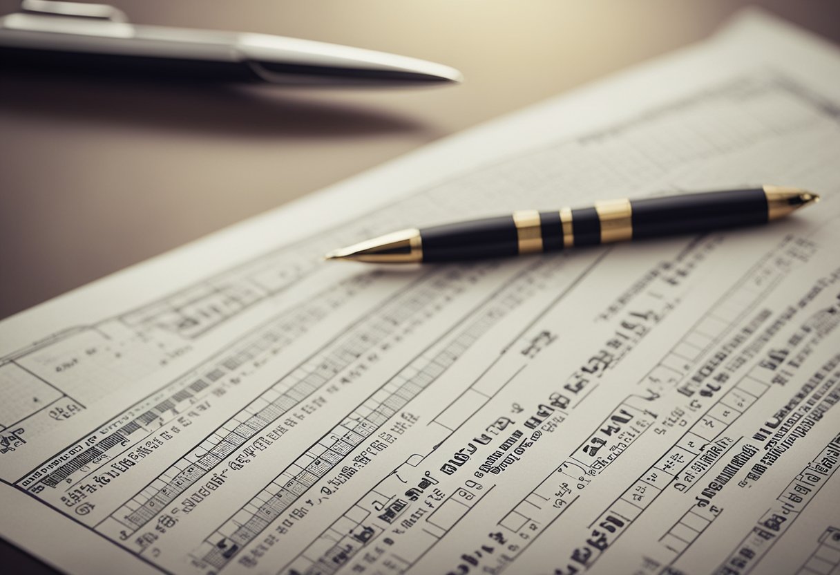 Uma mesa com uma caneta, papel e uma folha impressa com as regras e padrões do Lotofácil