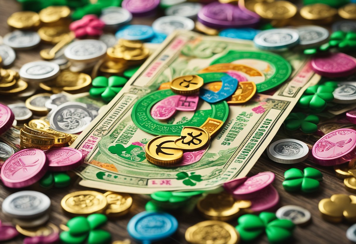 Um bilhete de loteria colorido cercado por amuletos da sorte e símbolos de boa fortuna, como trevos de quatro folhas e ferraduras