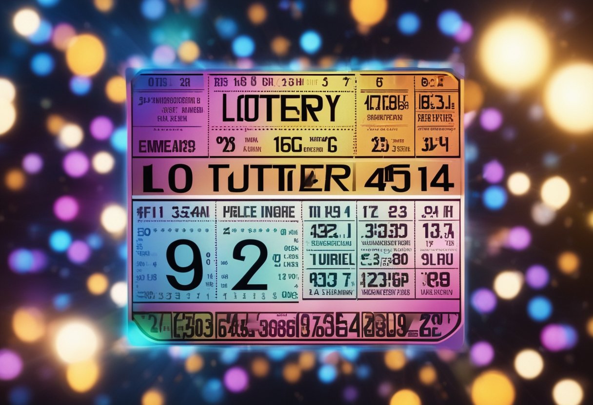 Um bilhete de loteria colorido com os números vencedores da Mega Sena exibidos em uma tela eletrônica brilhante.