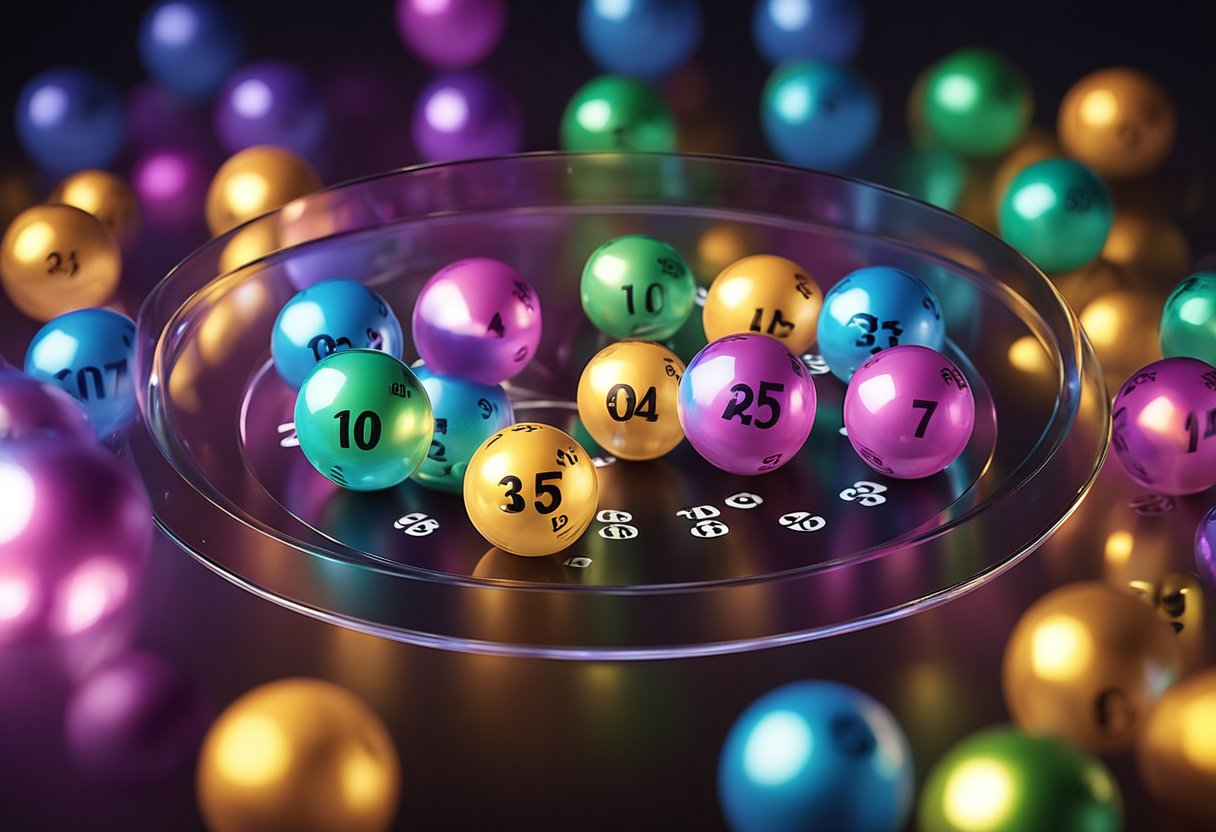 Uma gráfica colorida de bolas de loteria girando em uma câmara de vidro, com números variando de 1 a 60, cercadas por uma aura brilhante