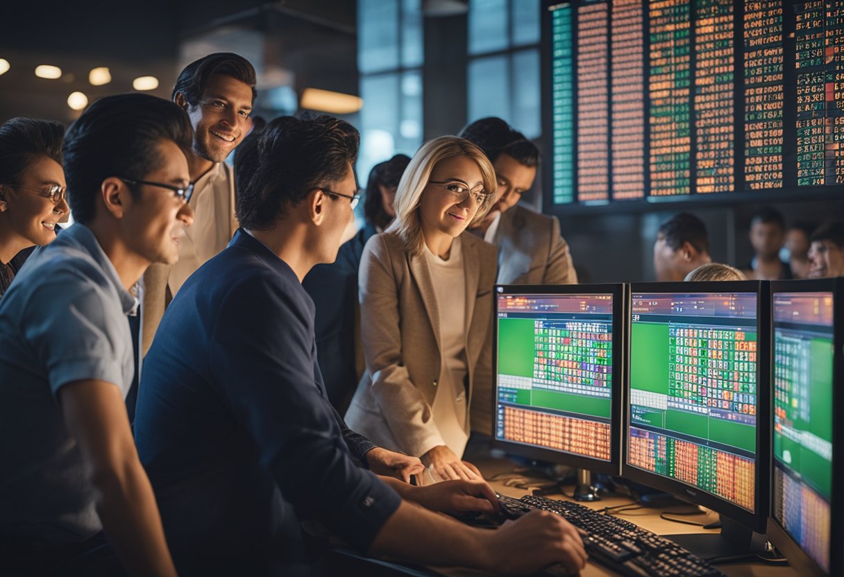 Um grupo de pessoas se reuniu em torno de uma tela de computador, assistindo ansiosamente enquanto os números são sorteados para a loteria Mega Sena. A empolgação e a antecipação preenchem a sala.