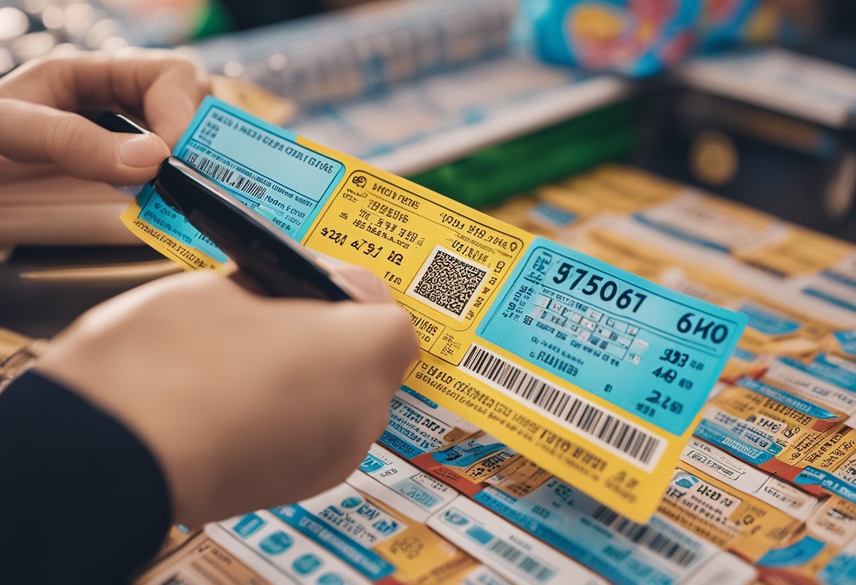Um bilhete de loteria colorido sendo preenchido com uma caneta