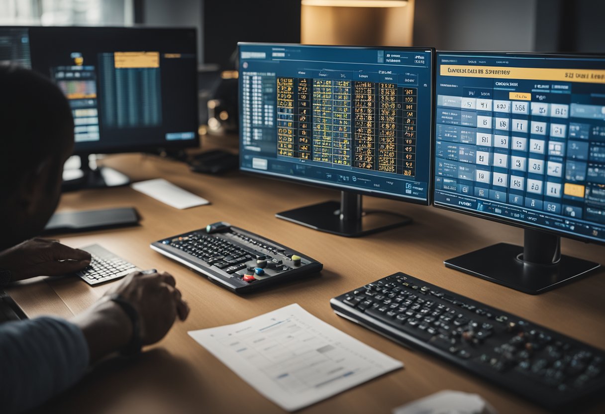 Uma pessoa comparando diferentes simuladores de loteria, cercada por gráficos e tabelas, com uma tela de computador exibindo vários resultados de simulação.