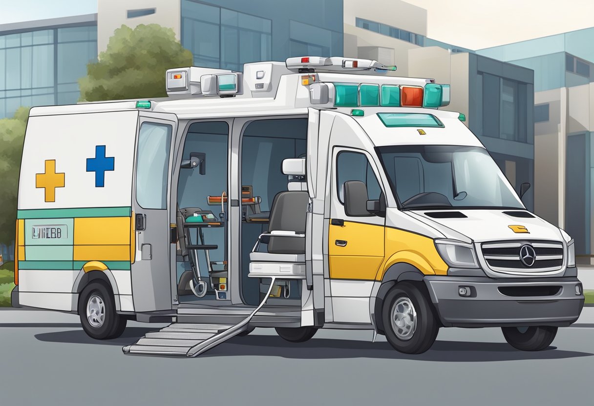 Uma ambulância particular sendo contratada para transporte de pacientes, com equipamentos médicos e pessoal presente.