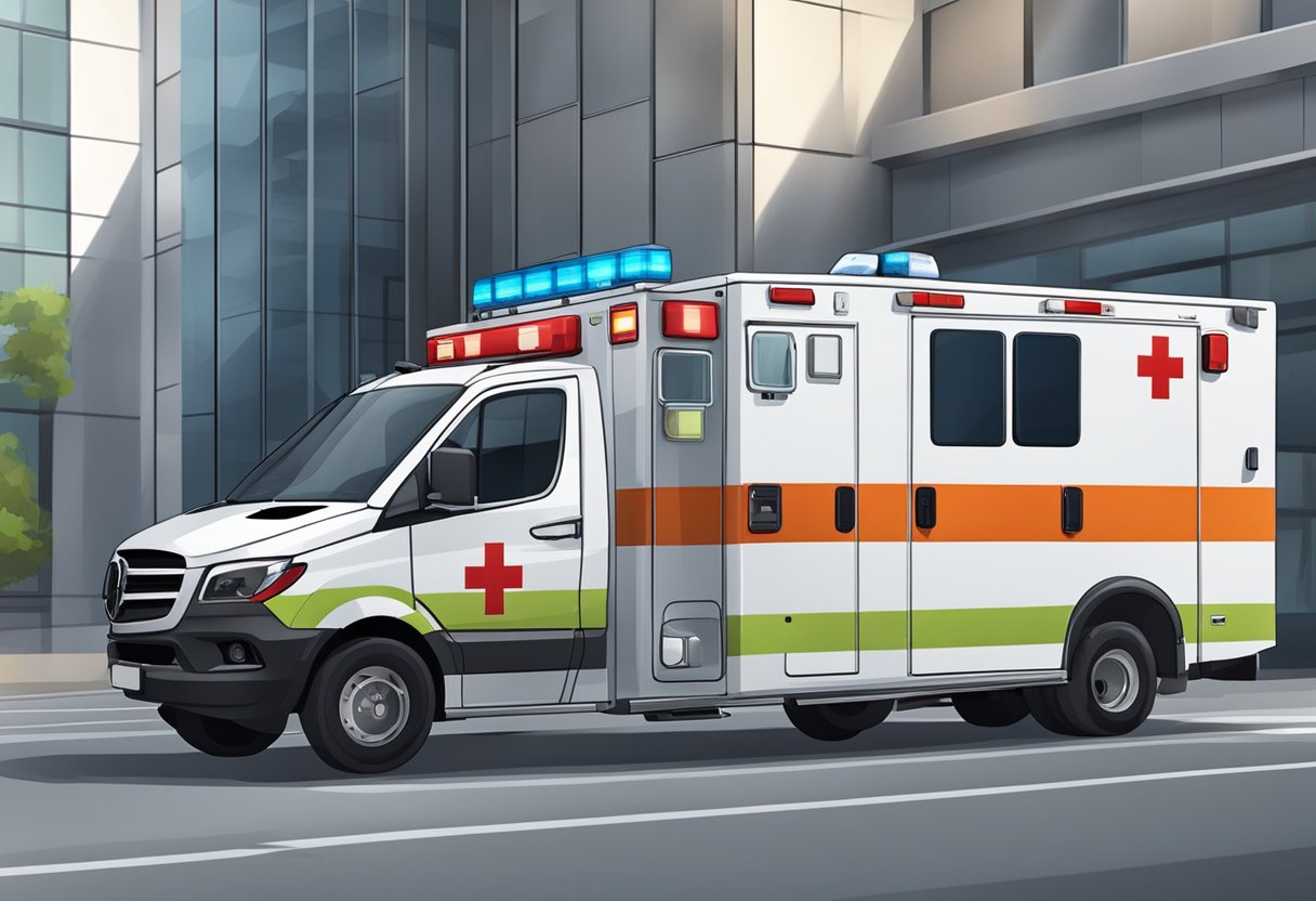 Uma ambulância com equipamentos especializados e suprimentos médicos estacionou do lado de fora de um prédio, pronta para o transporte de pacientes.