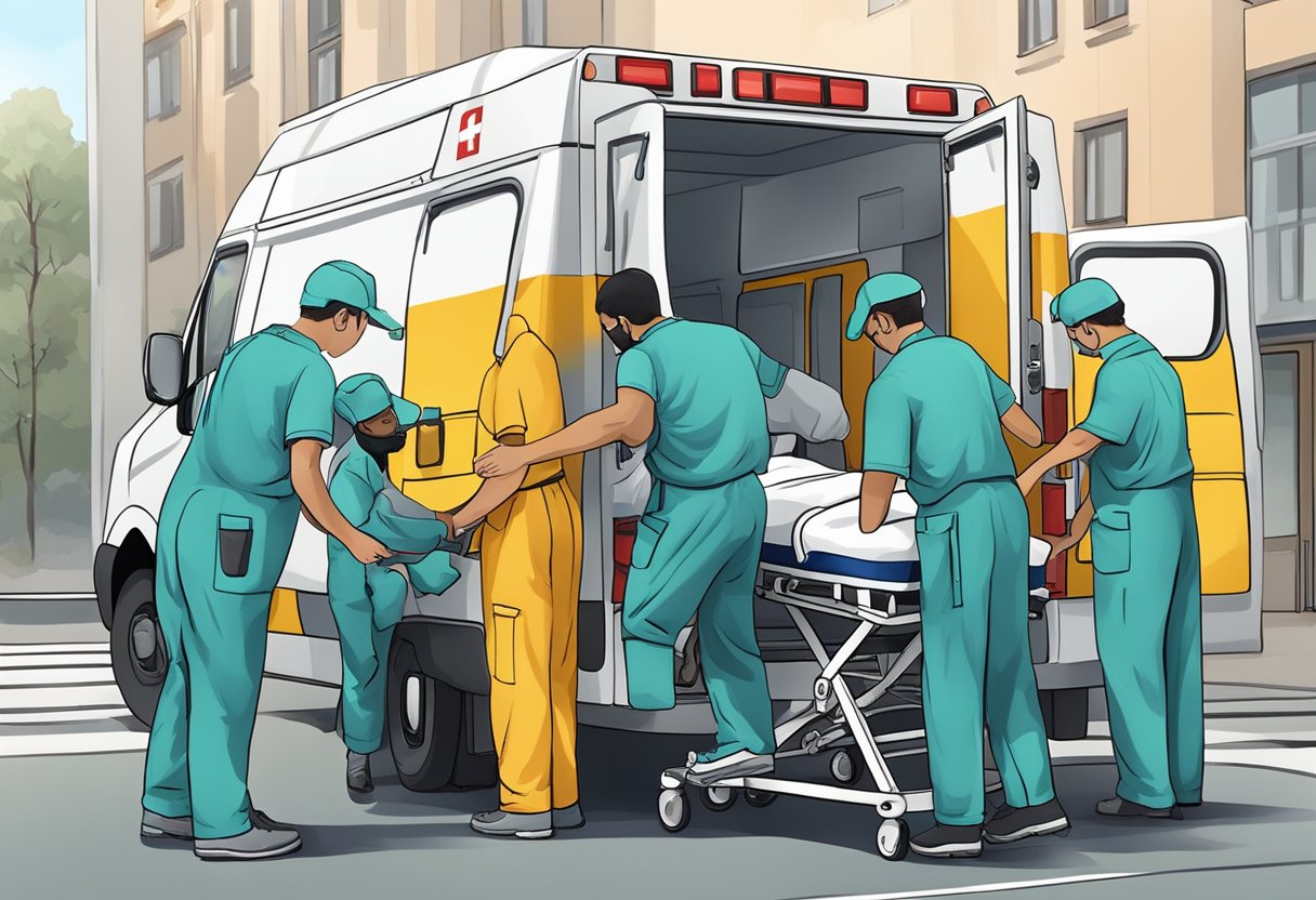 Uma equipe de profissionais de saúde preparando uma ambulância para o transporte de pacientes