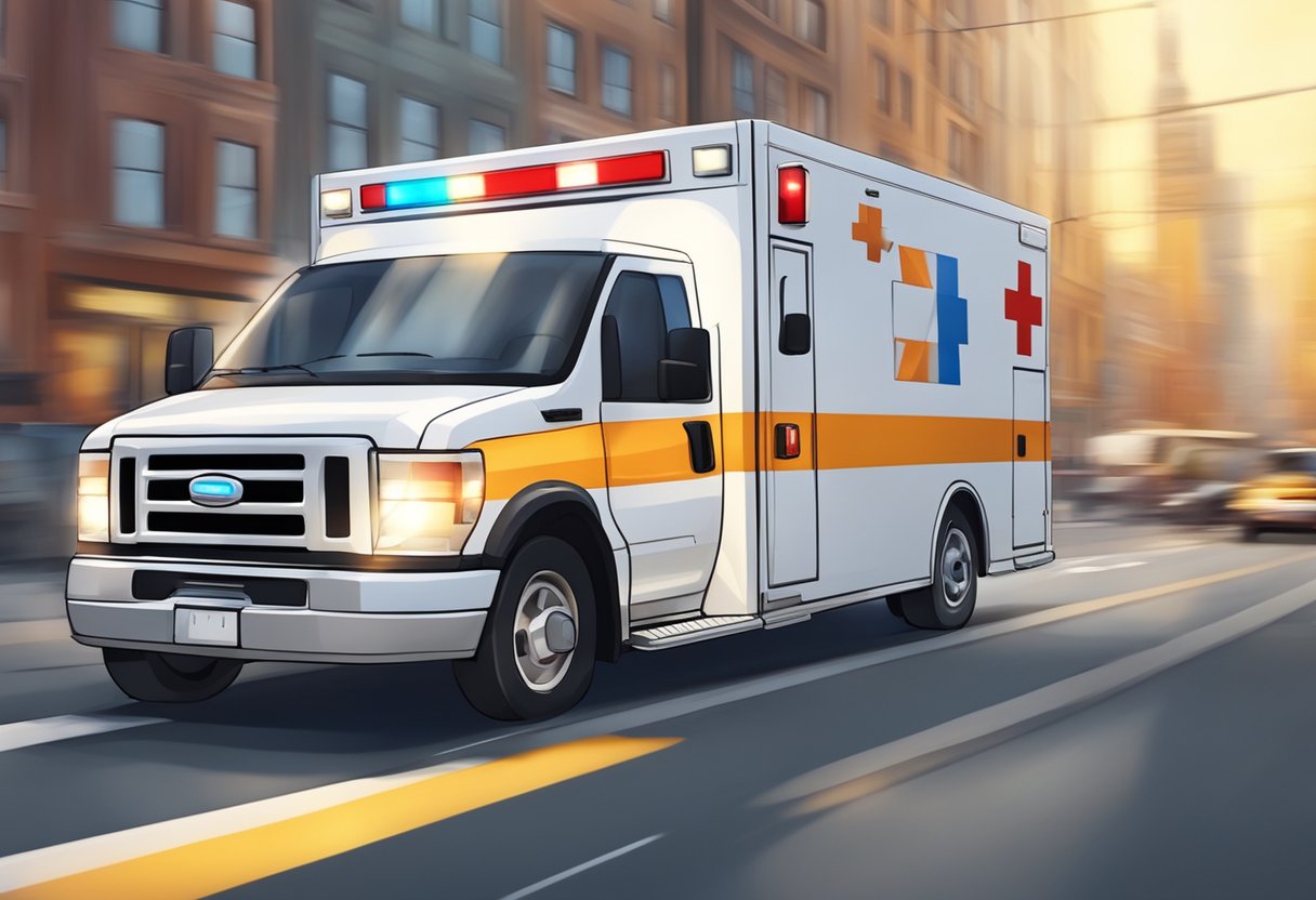 Uma ambulância particular acelerando pelas ruas da cidade com sirenes soando e luzes piscando, apressando-se para fornecer transporte médico essencial