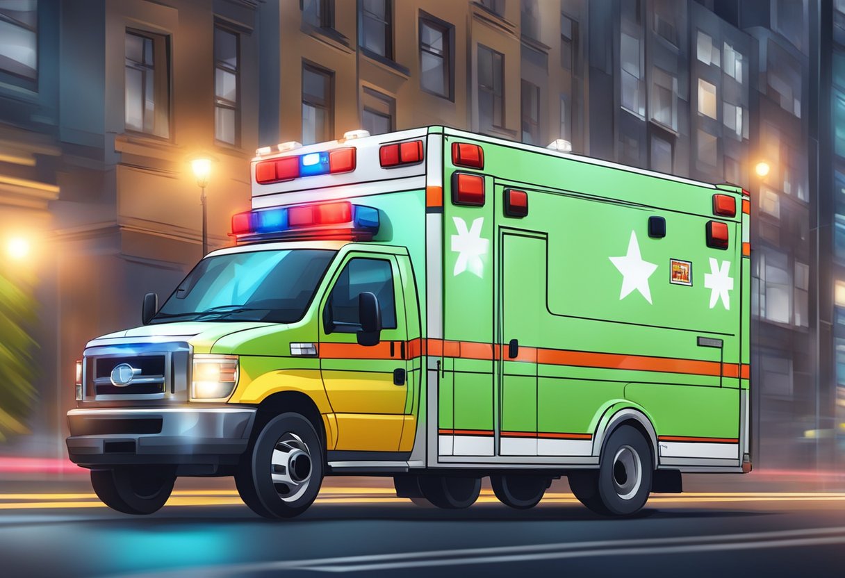Uma ambulância particular correndo pelas ruas da cidade com luzes piscando e sirenes